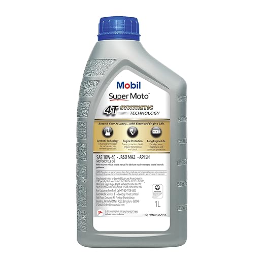 Mobil Super Moto 4T 10W40synthetic motor oil bottle on a white background