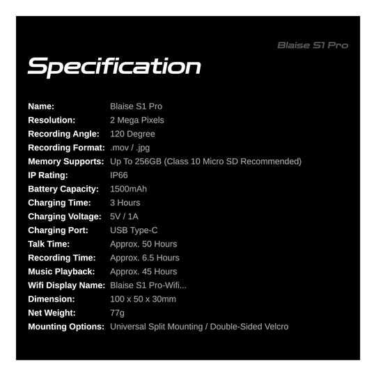 Blaise S1 Pro Dash Cam Specification