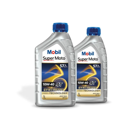 Two bottles of Mobil Super Moto 10W-40 motor oil on a white background