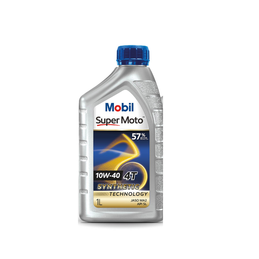 Mobil Super Moto 10W-40 motor oil with synthetic technology, designed for high performance motorcycle.
