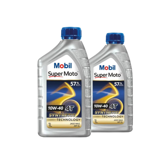 Two bottles of Mobil Super Moto 10W-40 4T synthetic motor oil 2 liter pack.