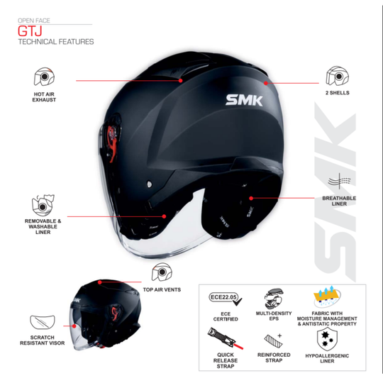 SMK N3 Open Face Helmet GTJ Dring S01 With Clear Visor White GL100
