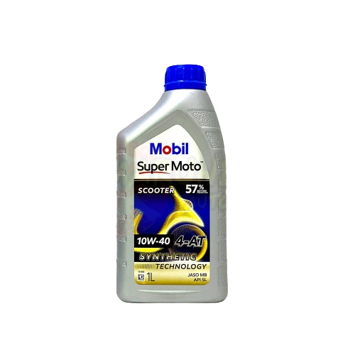 A bottle of Mobil Super Moto Scooter 10W-40 motor oil with synthetic technology.